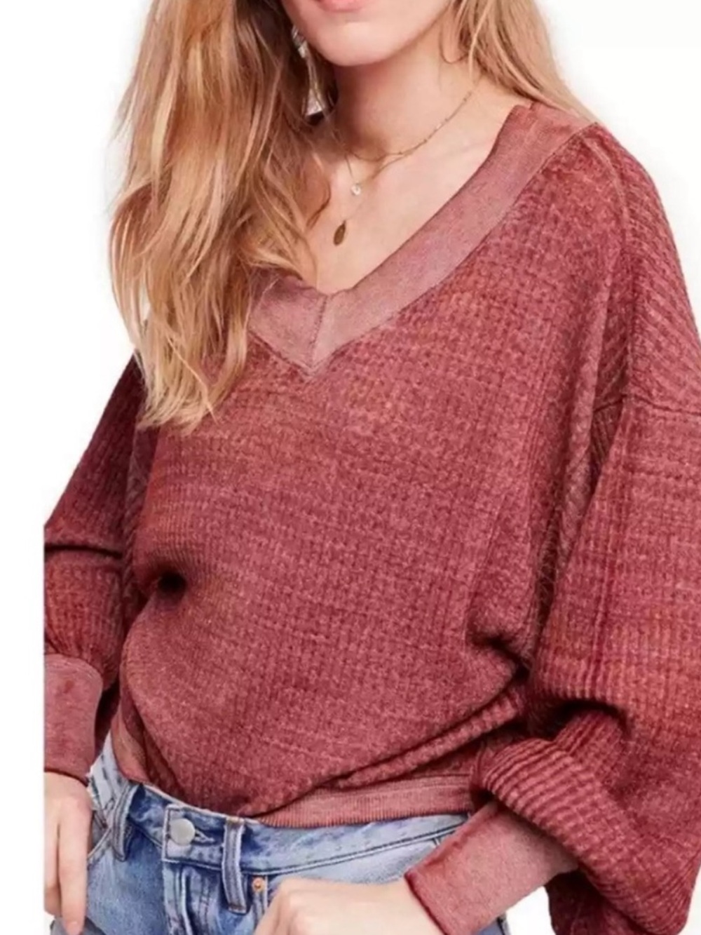 We The Free Off-Shoulder Waffle Knit Sweater - Burgundy Sz L oversized
